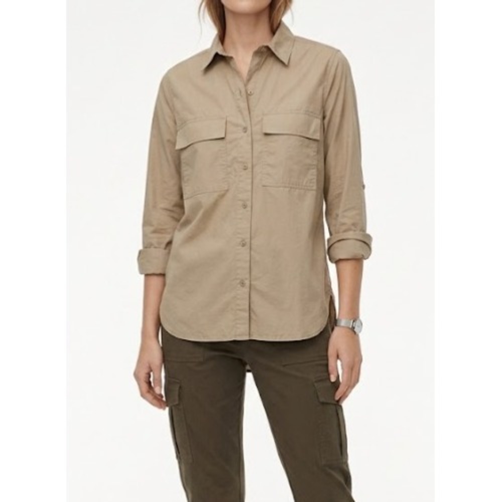 Babaton Button Down Shirt Medium Tan Khaki Utility Cotton Workwear Blouse